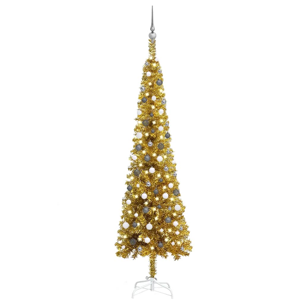 vidaXL Úzký vánoční stromek s LED diodami a sadou koulí zlatý 240 cm