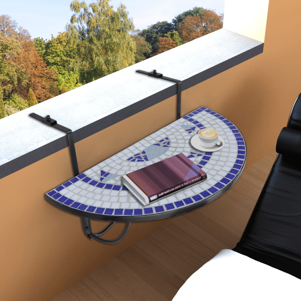 vidaXL Závěsný stolek na balkon modro-bílý mozaika