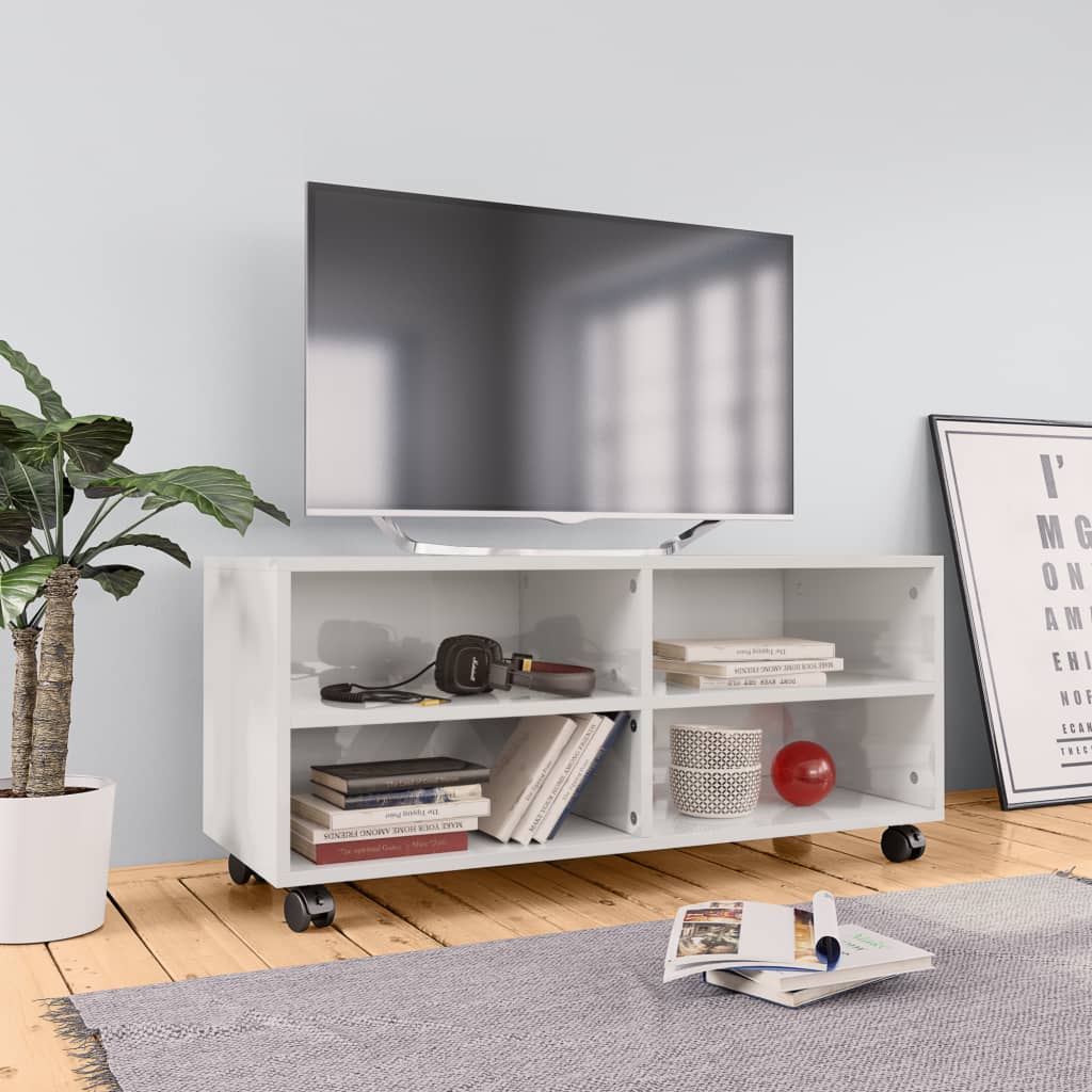 vidaXL TV stolek s kolečky bílý vysoký lesk 90x35x35 cm dřevotříska