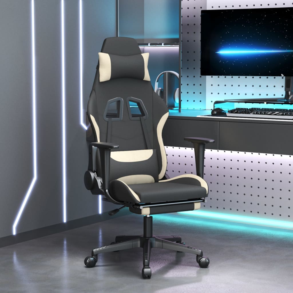 vidaXL Masážní herní židle s podnožkou černá a krémová textil