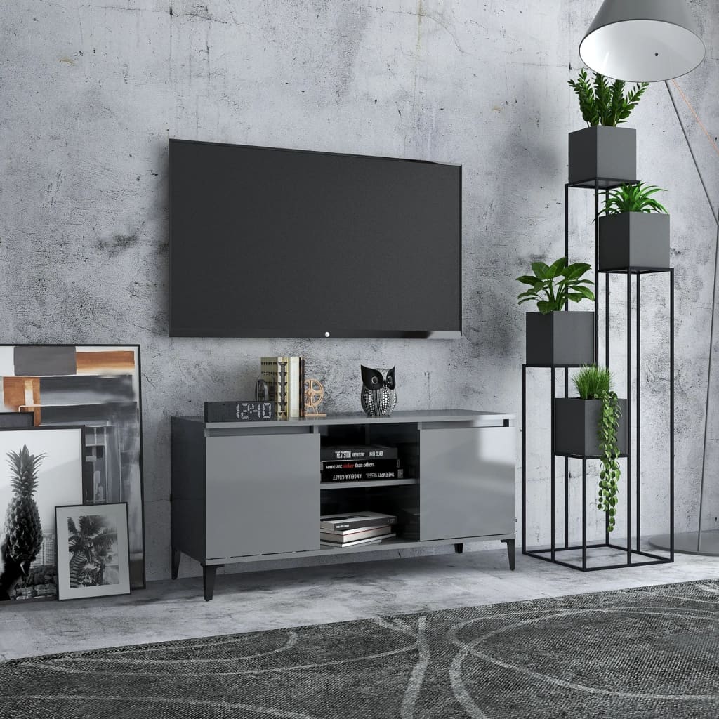 vidaXL TV stolek s kovovými nohami šedý vysoký lesk 103