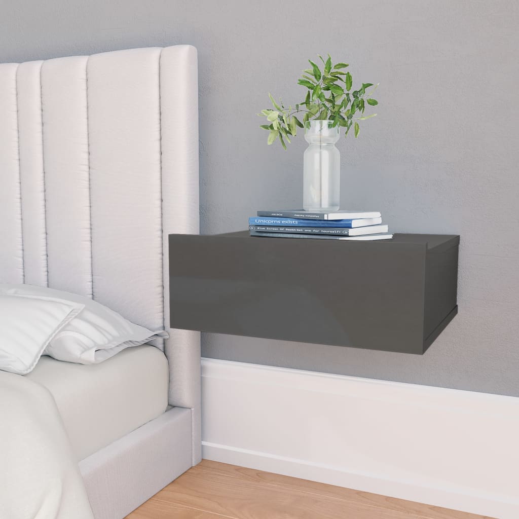 vidaXL Nástěnný noční stolek šedý vysoký lesk 40x30x15 cm dřevotříska