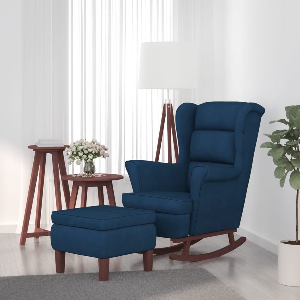 vidaXL Houpací křeslo s dřevěnými nohami a stoličkou modré samet