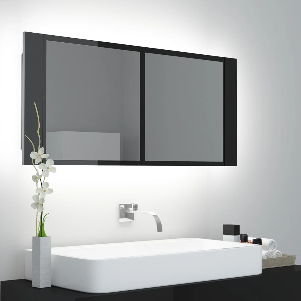 vidaXL LED koupelnová skříňka se zrcadlem lesklá černá 100x12x45 cm