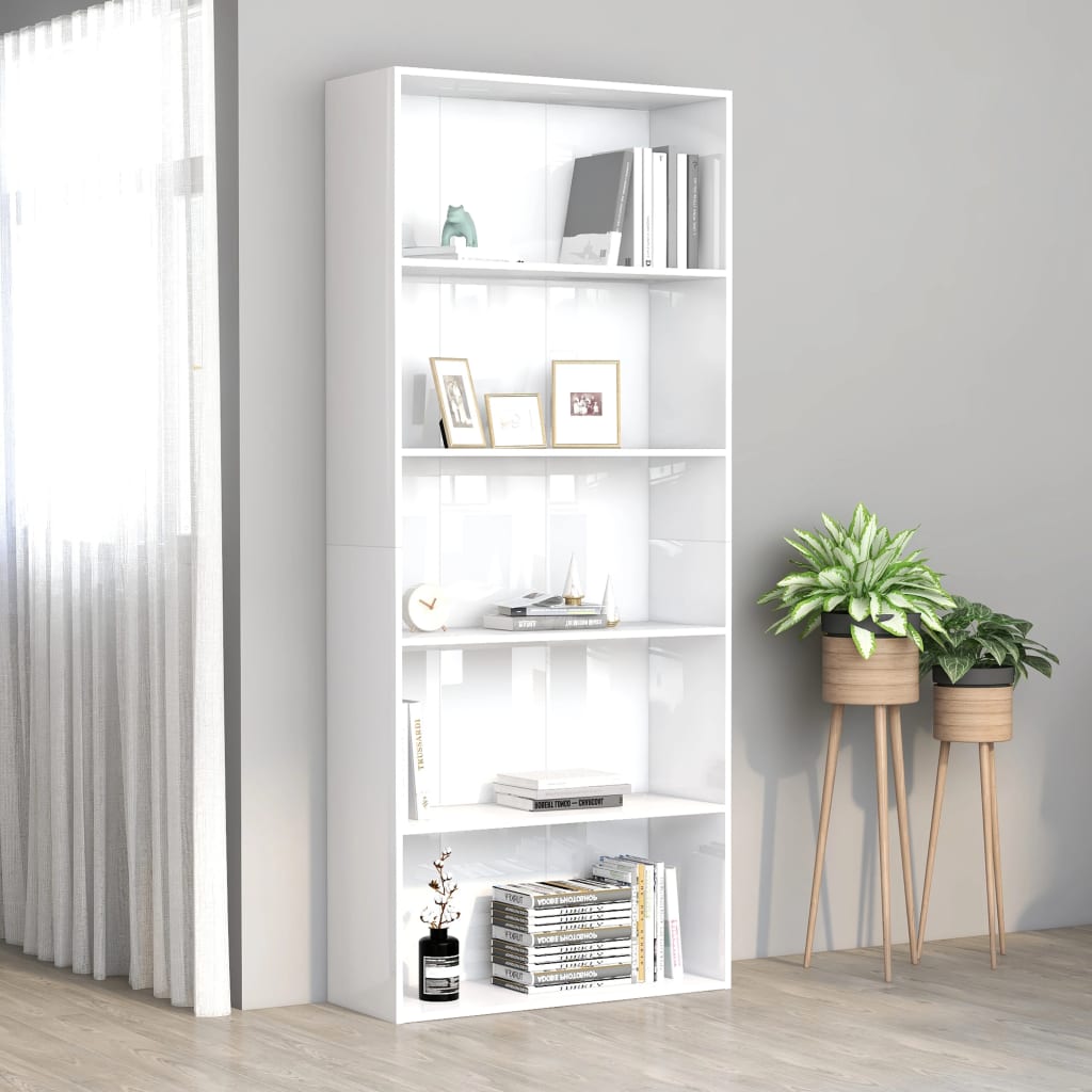 vidaXL 5patrová knihovna bílá s vysokým leskem 80x30x189cm dřevotříska