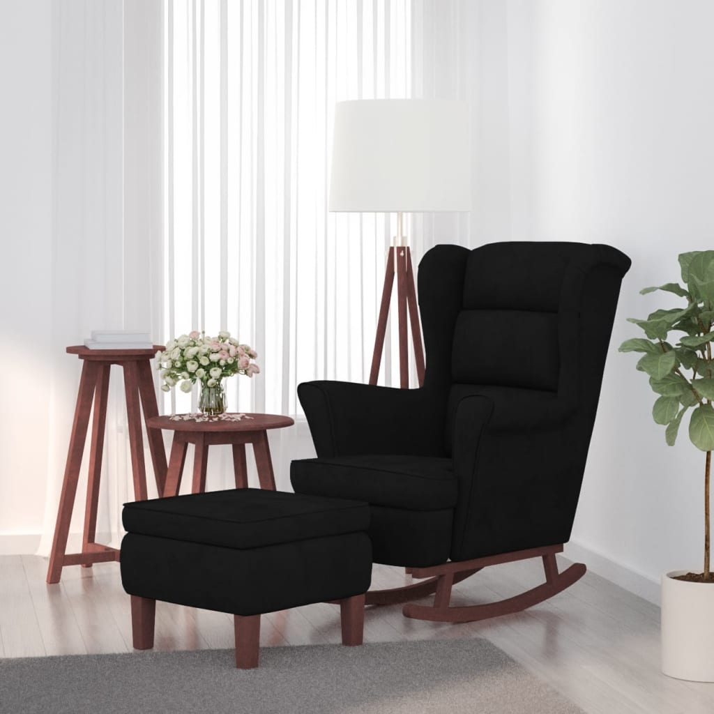 vidaXL Houpací křeslo s dřevěnými nohami a stoličkou černé samet
