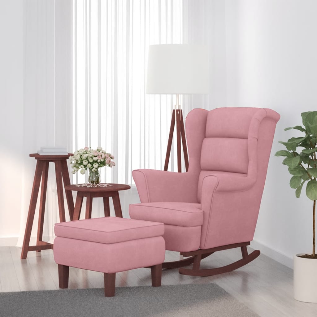vidaXL Houpací křeslo s dřevěnými nohami a stoličkou růžové samet