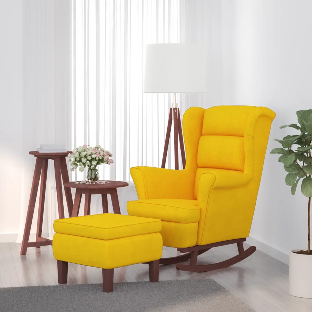 vidaXL Houpací křeslo s dřevěnými nohami a stoličkou žluté samet