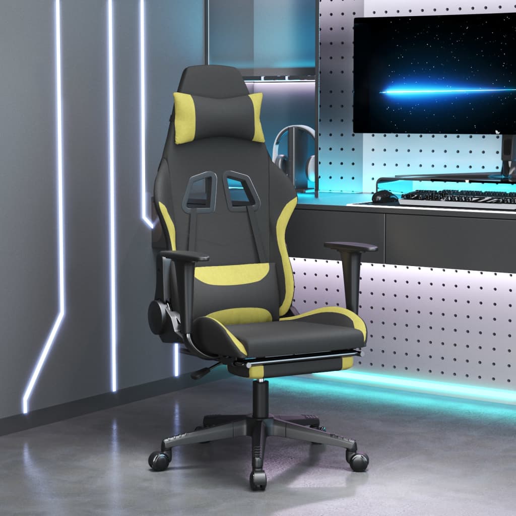 vidaXL Masážní herní židle s podnožkou černá a světle zelená textil