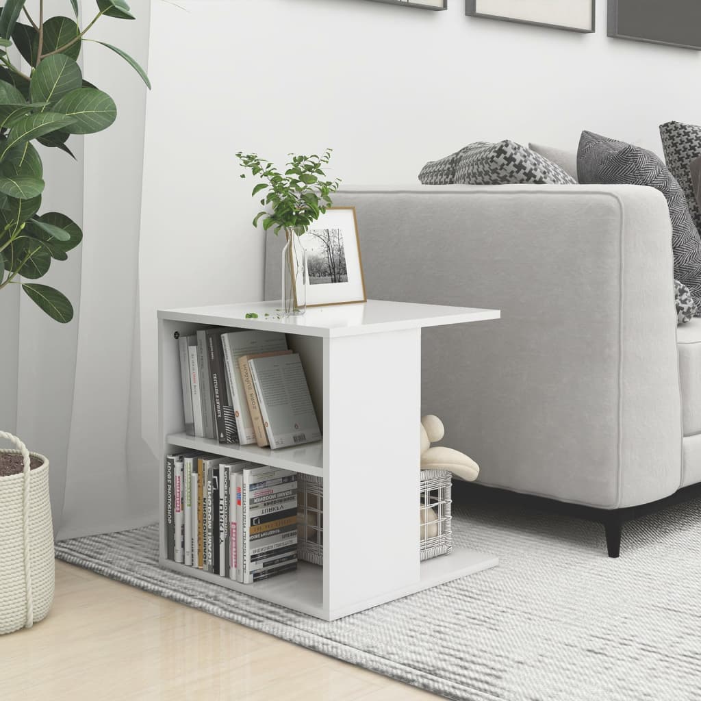vidaXL Odkládací stolek bílý s vysokým leskem 45x45x48 cm dřevotříska
