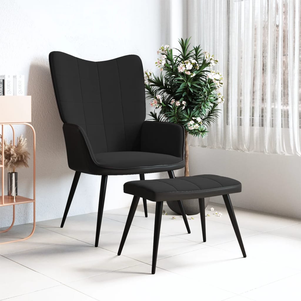 vidaXL Relaxační křeslo se stoličkou černé samet a PVC